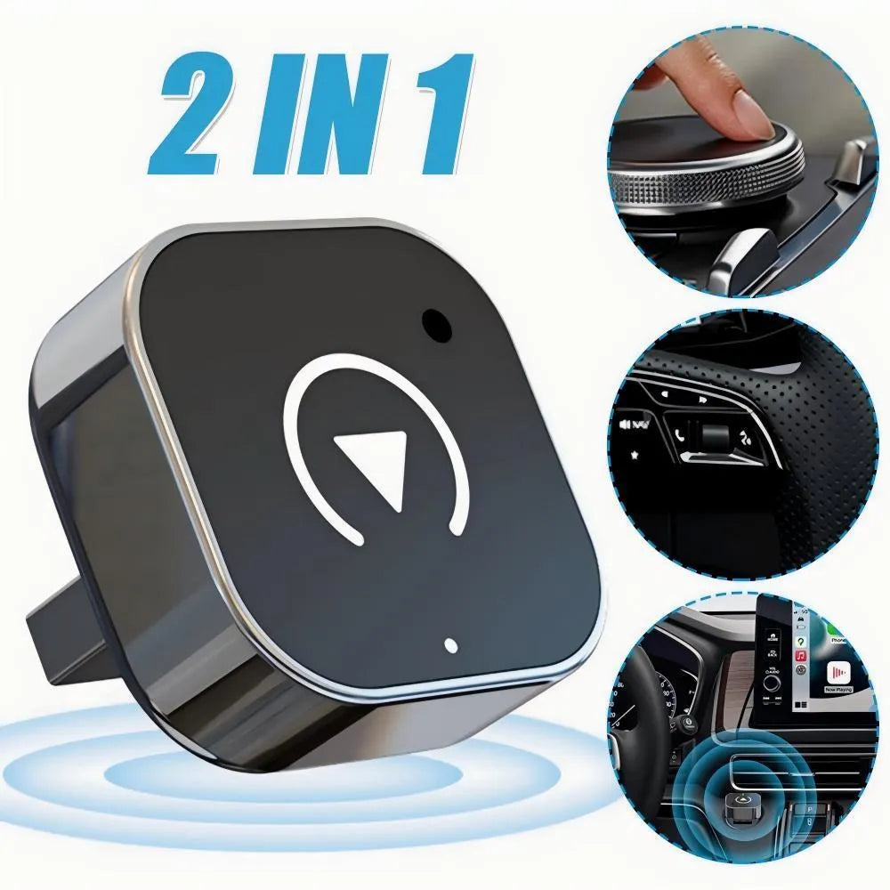 Black CarPlay box wired to wireless adapter with USB interface, front view