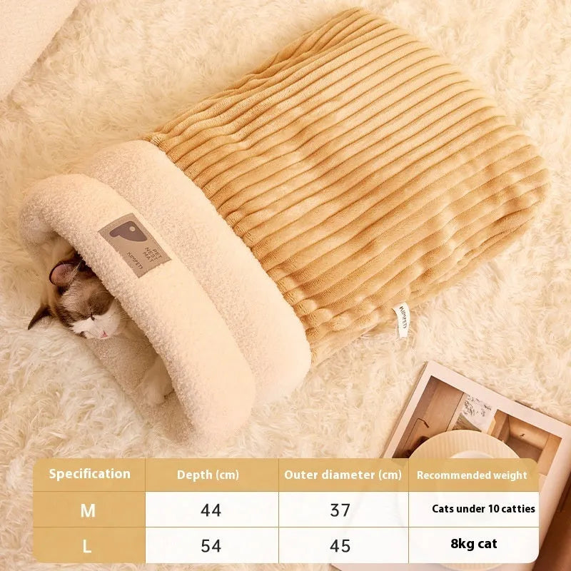 Brown semi-enclosed cat sleeping bag with lambswool lining on wooden floor