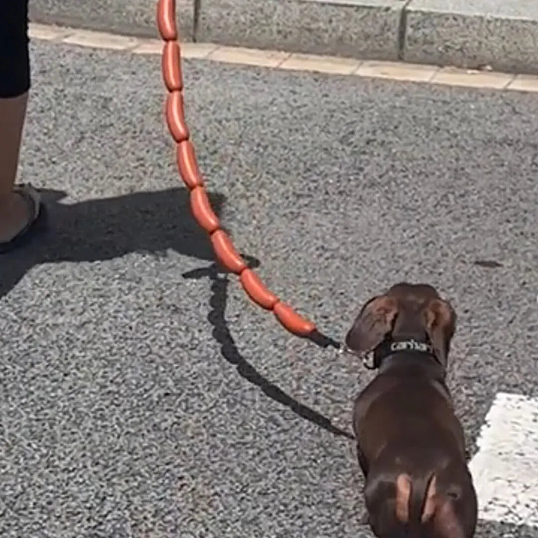 Brown sausage toy bundle attached to 108cm rope dog leash with grip tape handle