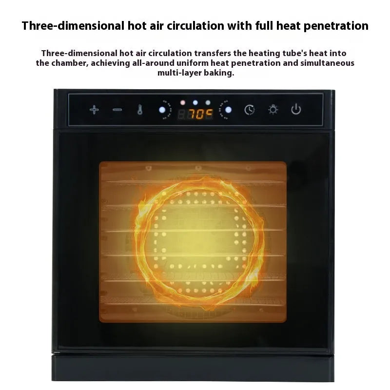 Stainless steel fruit dehydrator with multiple trays and LED control panel.