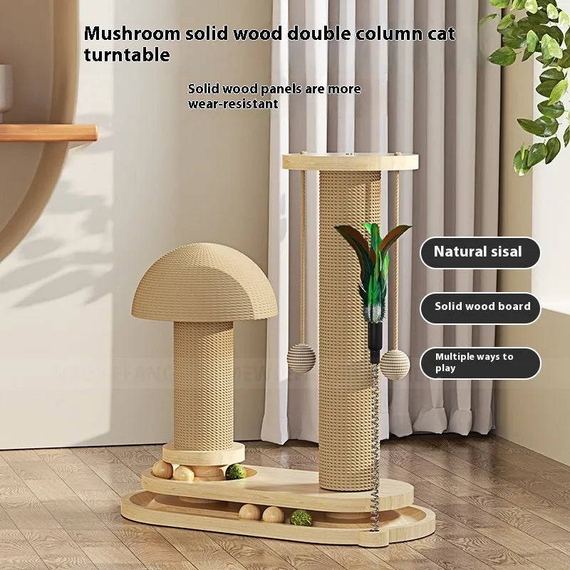 Solid wood cat scratching post with turntable climbing platform in various style configurations