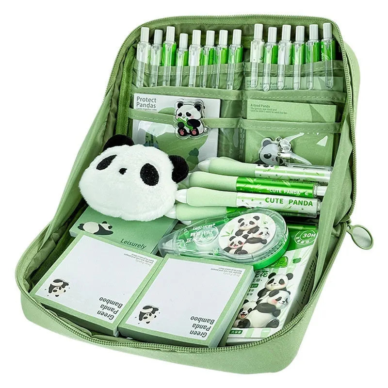 Green canvas 12 layer panda pencil case with Korean style design, open to show multiple compartments.