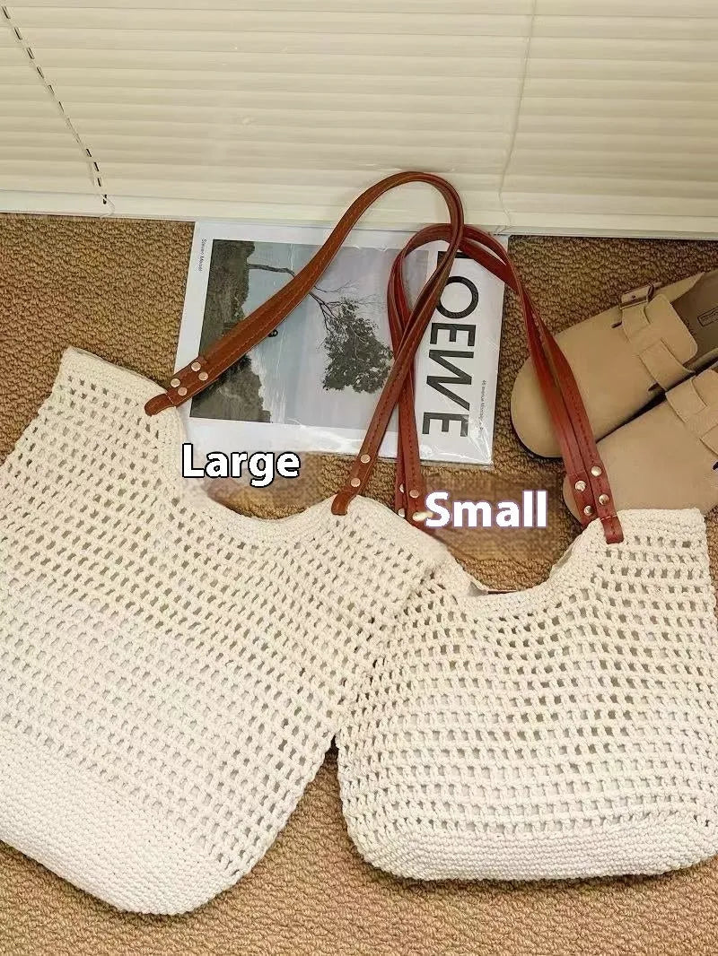 Beige woven cotton linen shoulder bag with spacious interior for beach holidays