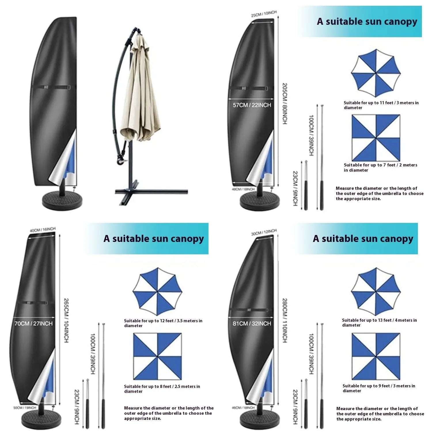 Grey waterproof Oxford cloth cover for a banana-shaped outdoor umbrella.