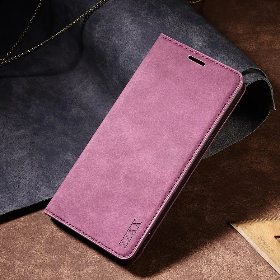 Black leather wallet card-inserting protective case for iPhone with metal kickstand bracket and magnetic back