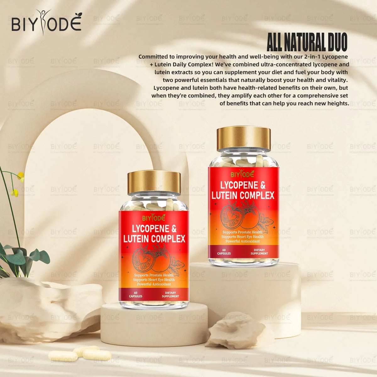Bottle of 60 lycopene lutein 2 in 1 capsules for adult eye and cardiovascular support