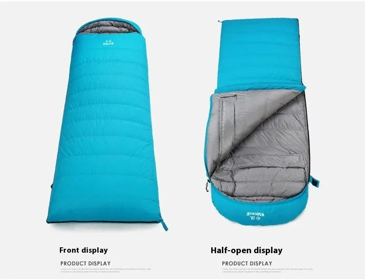 Black outdoor sleeping bag with envelope design, filled with white goose down for camping.