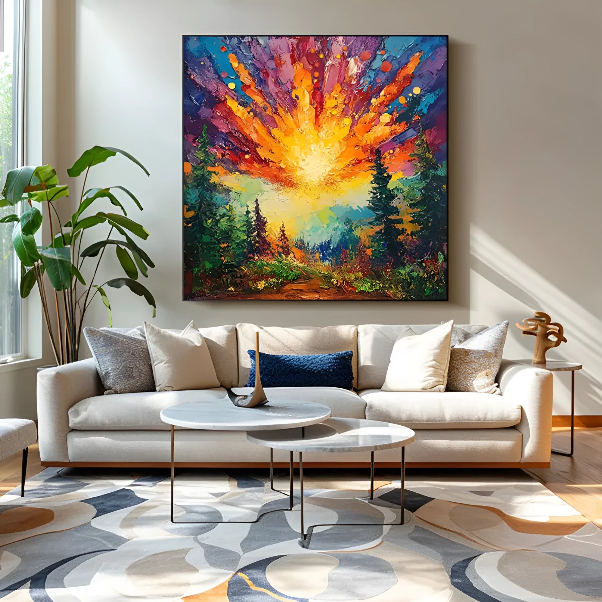 Hand-painted oil painting of sun rising in deep forest with brilliant light, modern landscape canvas art for home decoration