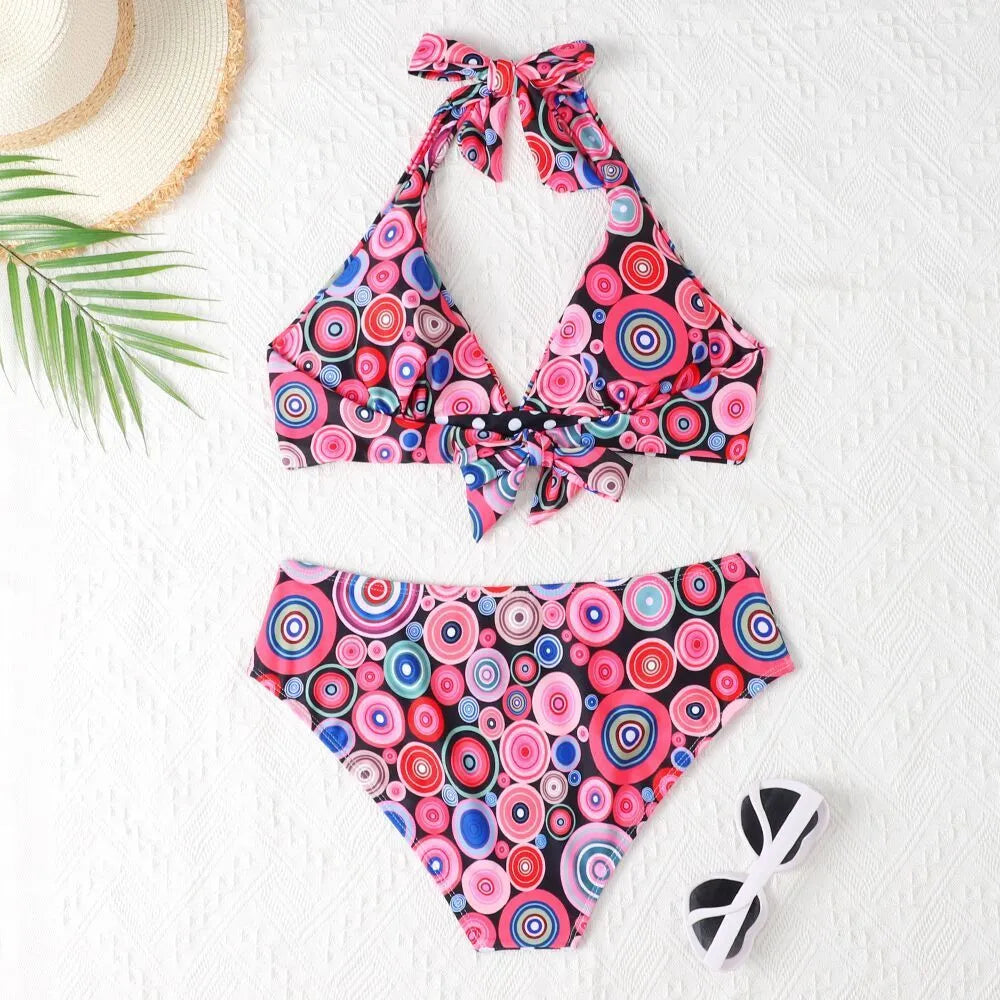 Women's printed high waist split bikini suit in striped pattern, quick-drying polyester spandex