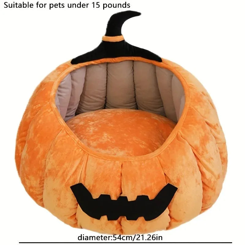 Halloween pumpkin-shaped pet bed with cartoon devil design for cats and small dogs