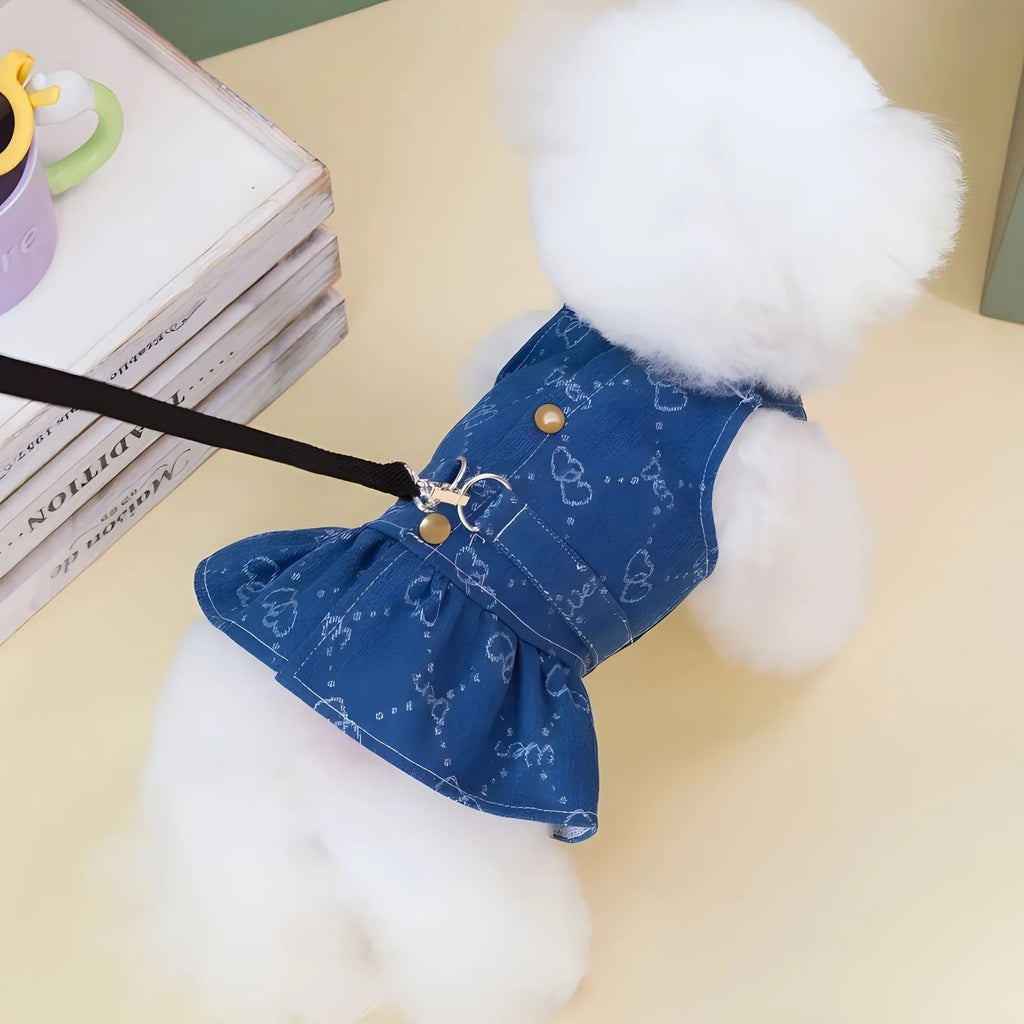 Teddy Bichon small dog wearing thin denim princess dress with bracket skirt style