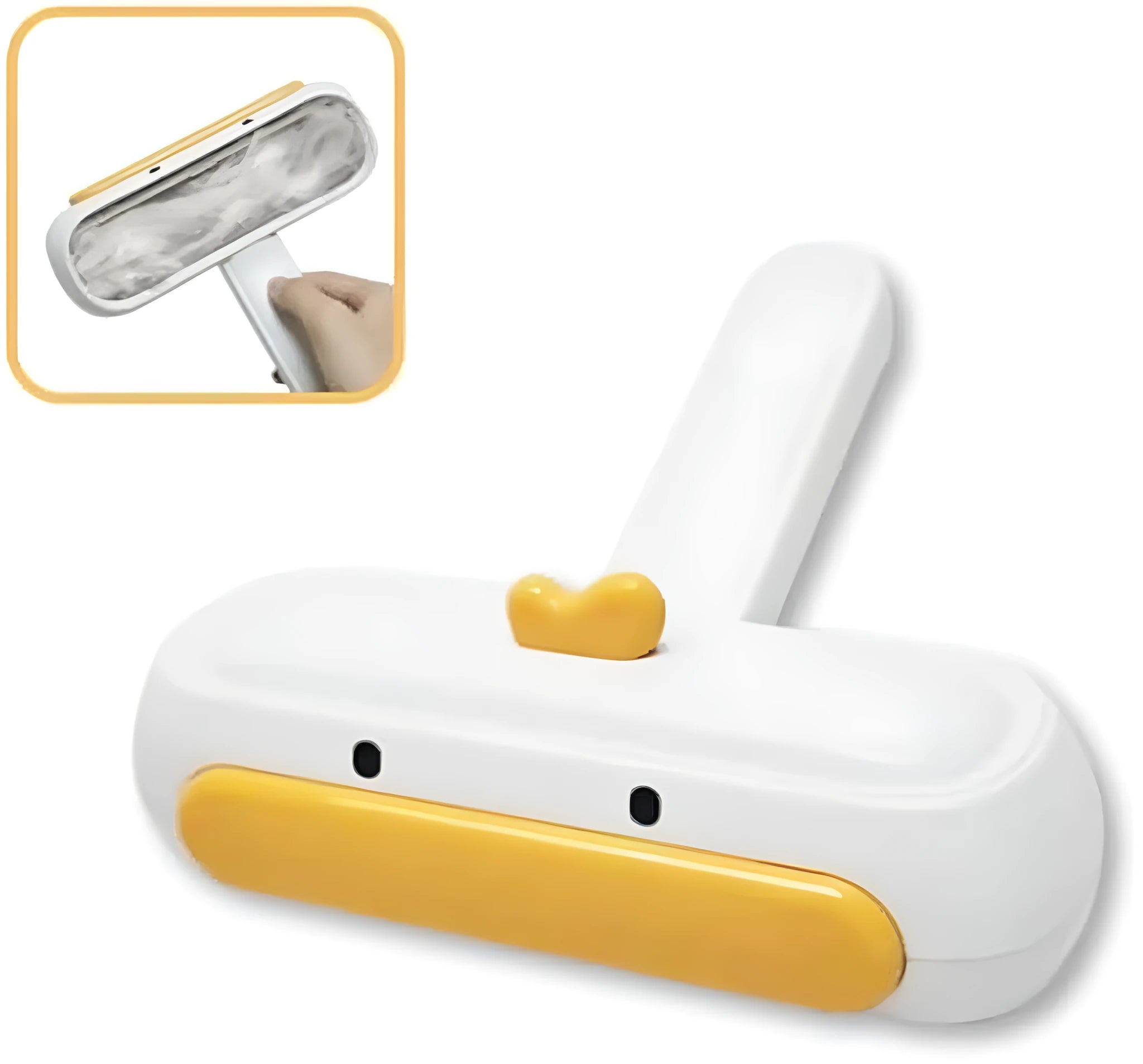 Yellow duck design portable pet hair remover with plastic body and polyester bristles.