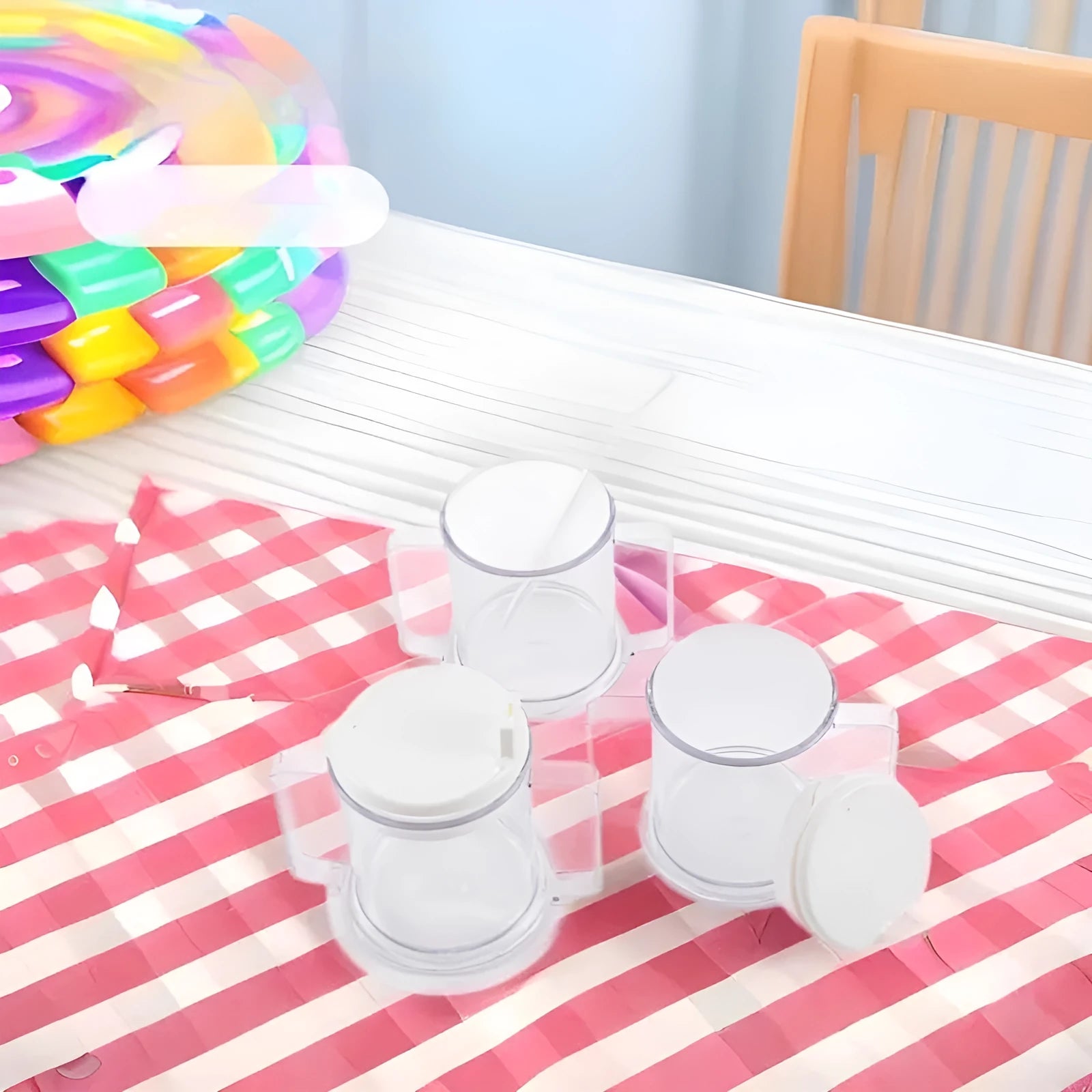 Transparent spill-proof drinking cup with lid showing 14cm height