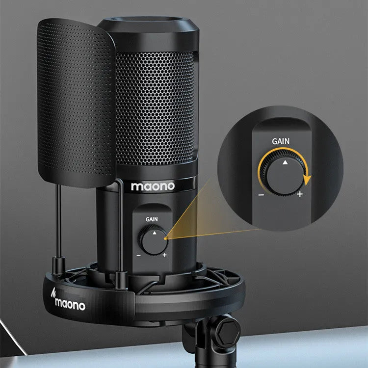 PM461 coloured USB condenser microphone with tripod and shock rack for desktop recording.