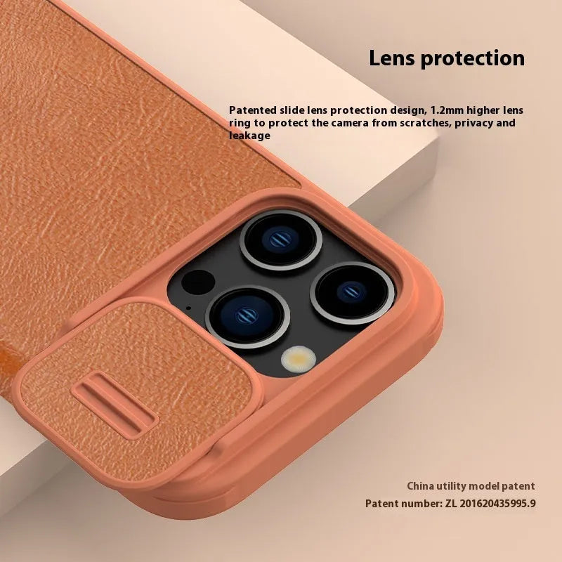 Imitation leather flip phone case for iPhone 15 series in black, brown, and red colours