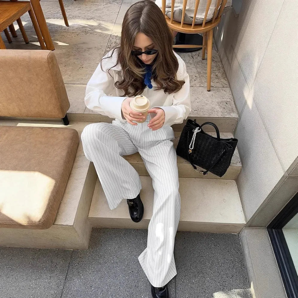 White striped loose wide-leg trousers with front zipper closure for commuting and workwear