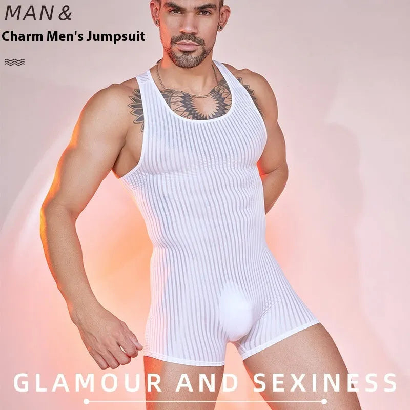 Men's striped nylon jumpsuit in black, white or dark grey with vertical pattern