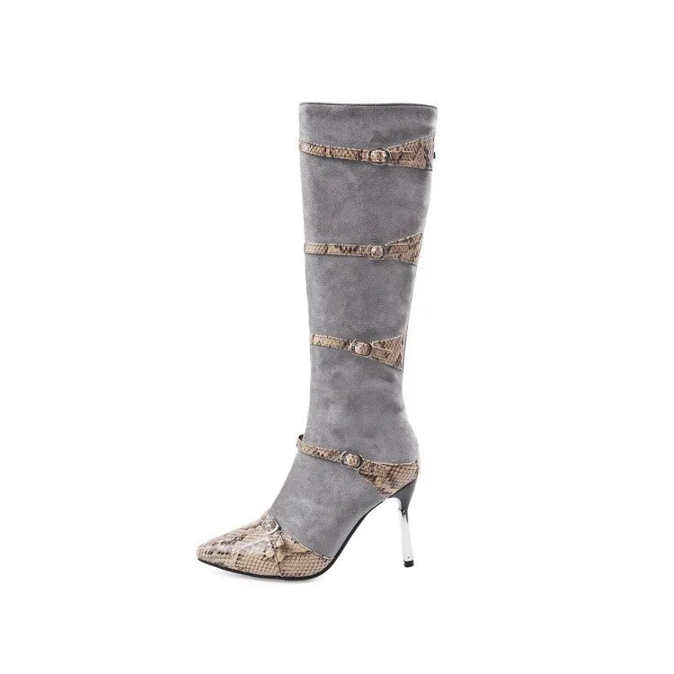 Women's grey knee high stiletto boots with a 9cm heel and pointed toe on a plain background.