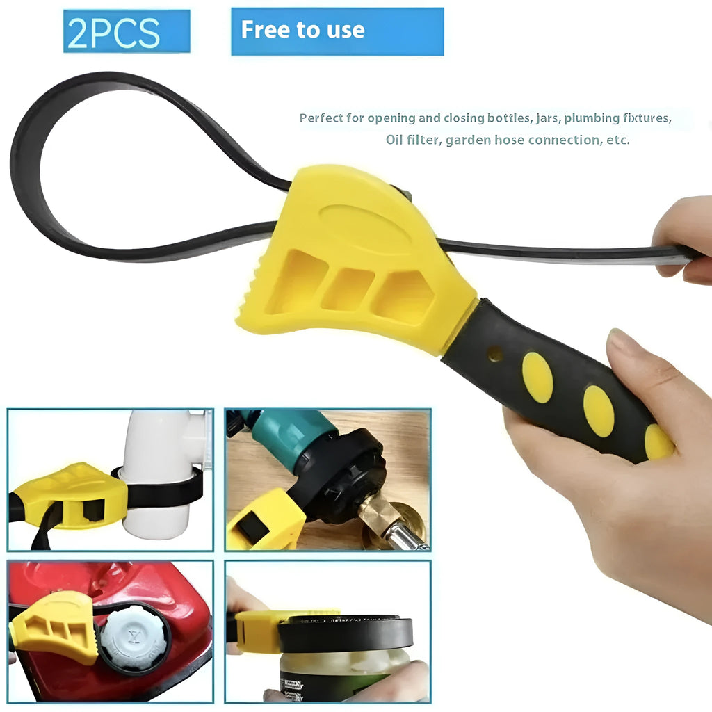 Two adjustable rubber strap wrenches, sizes 6-inch and 8-inch, with a 21.5 cm handle on a workbench.