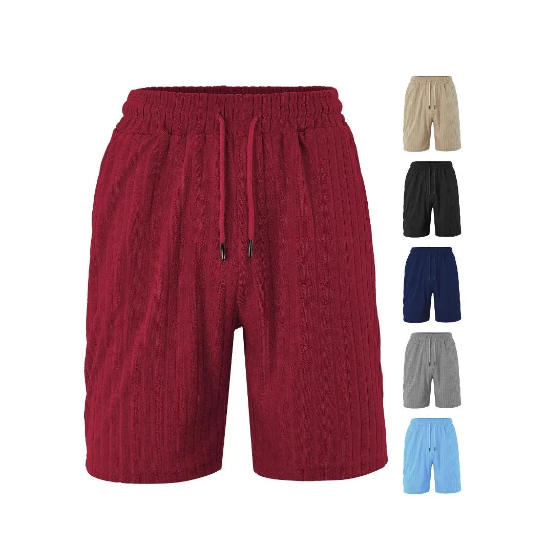 Men's loose-fit breathable jacquard casual shorts in navy blue, black, burgundy, khaki and light blue, sizes S to 3XL