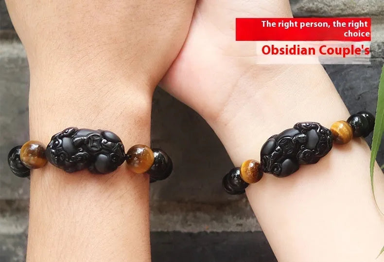 Black Mexico Gold Sheen Obsidian Pi Xiu crystal bracelet with ethnic design