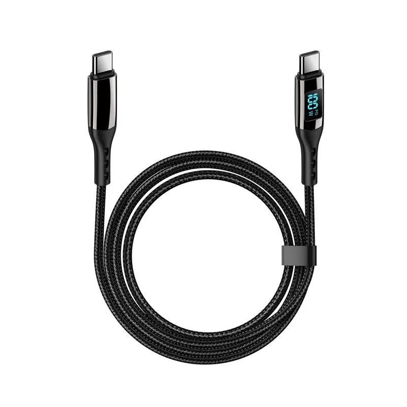 Black woven Type-C to Type-C data cable with digital display and zinc alloy connectors