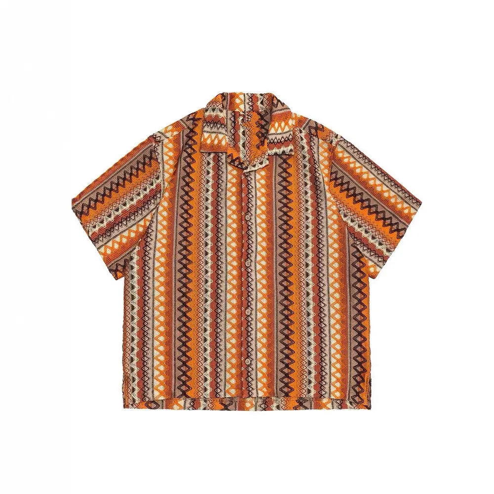 Ethnic woven Cuban collar shirt with contrast colours and short drop-shoulder sleeves.