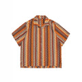 Ethnic woven Cuban collar shirt with contrast colours and short drop-shoulder sleeves.