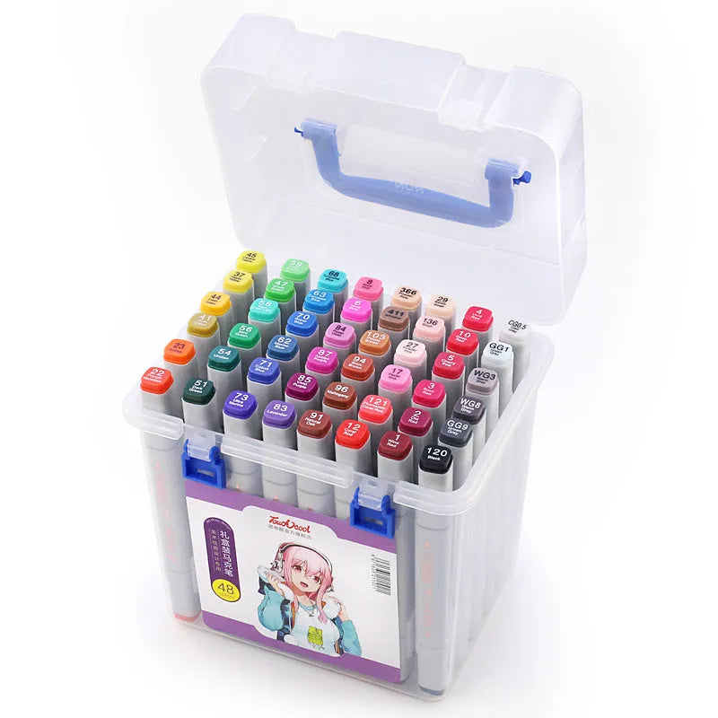 Set of 48 oily soft-tip markers with round and oblique heads for hand-painted art in multiple colours.