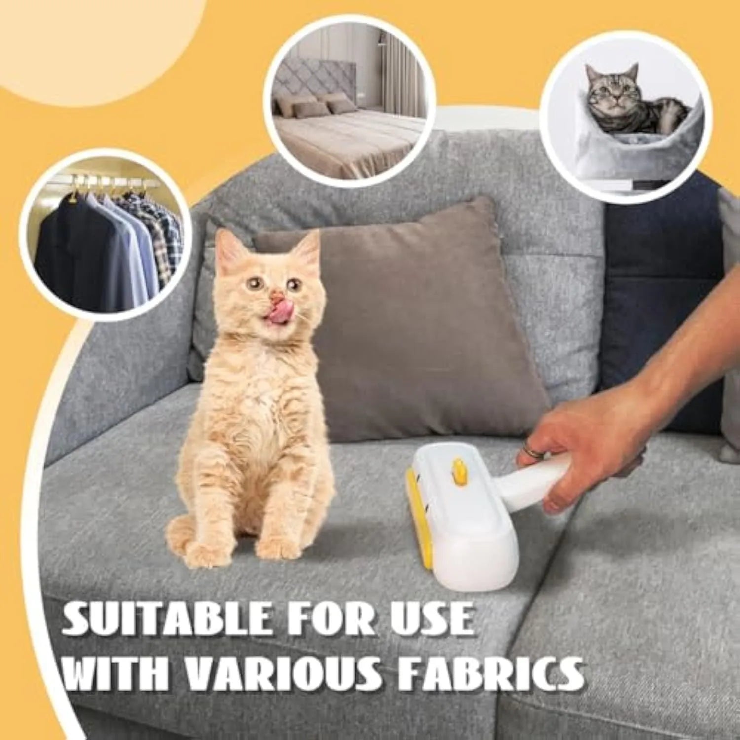 Yellow duck design portable pet hair remover with plastic body and polyester bristles.