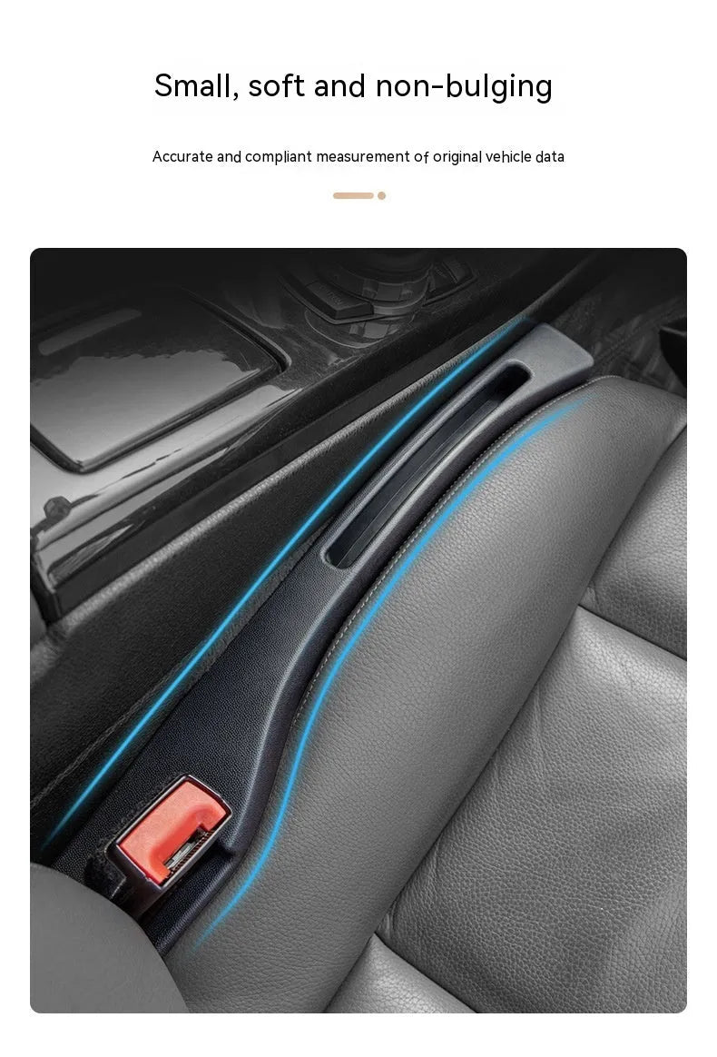 Black car seat gap storage box organiser between vehicle front seats with customisable handles