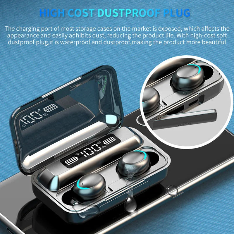 Mini wireless Bluetooth earbuds in black with earplug design for sports