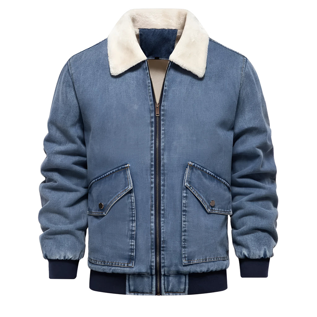 Men's plush denim jacket in European size with long sleeves and seam pockets in dark blue
