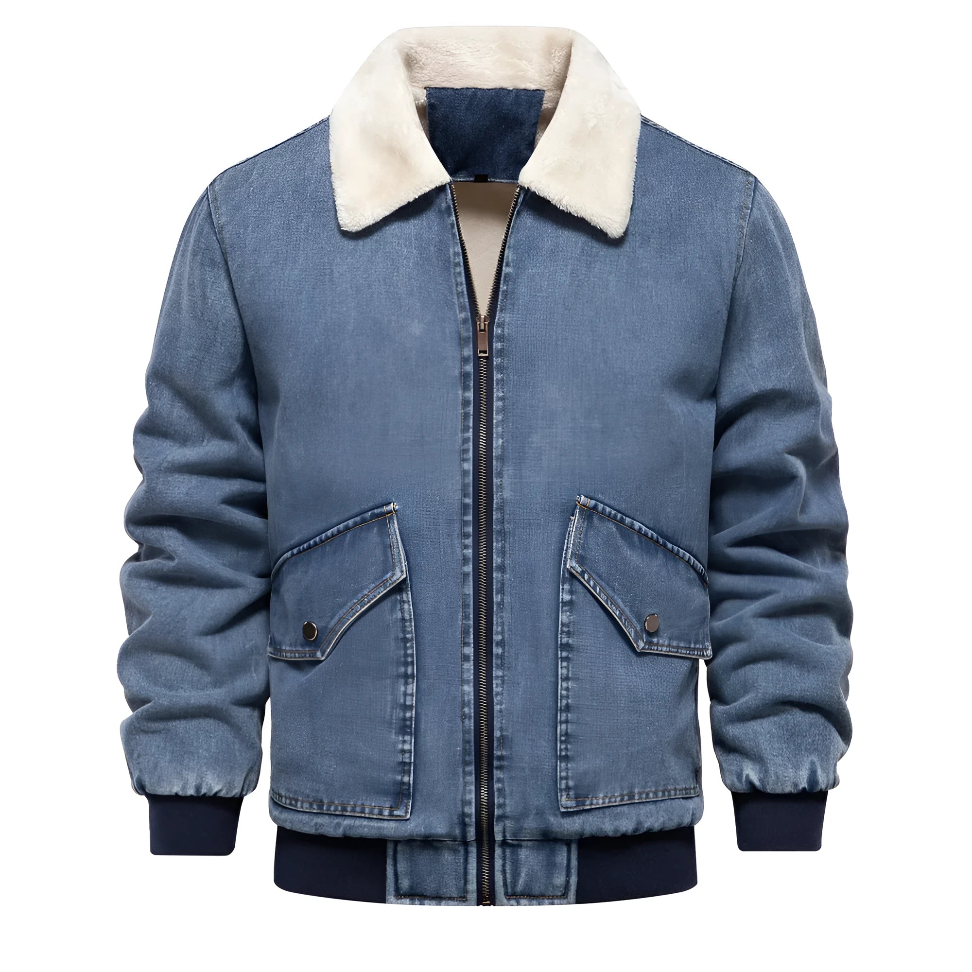 Men's plush denim jacket in European size with long sleeves and seam pockets in dark blue