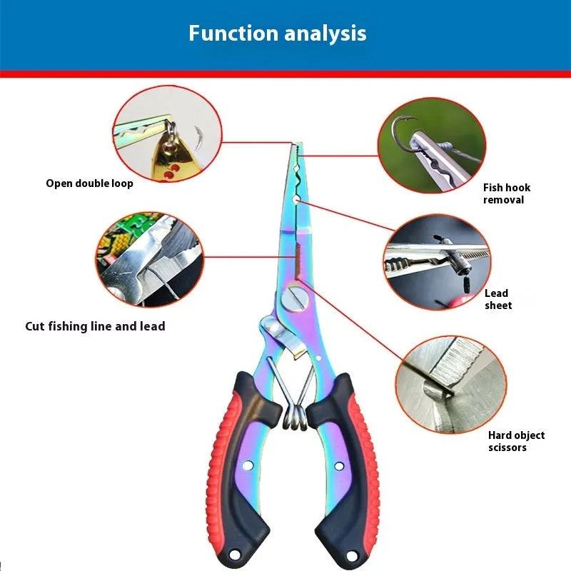 Medium straight mouth fishing pliers with hook, blue ABS handle and nylon carry strap on a grey background.