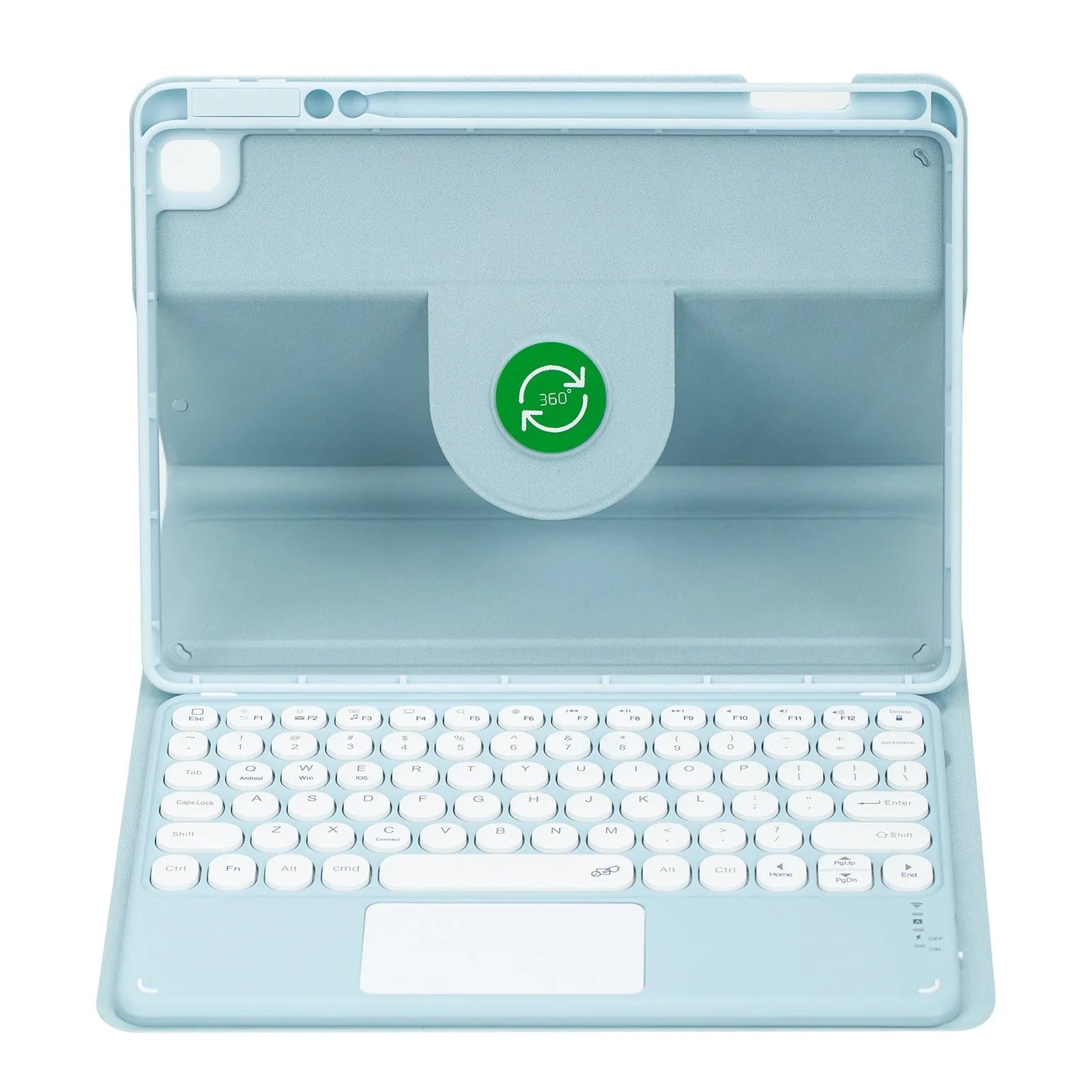 Acrylic rotating Bluetooth keyboard case with pen slot for iPad in black, showing keyboard and protective cover