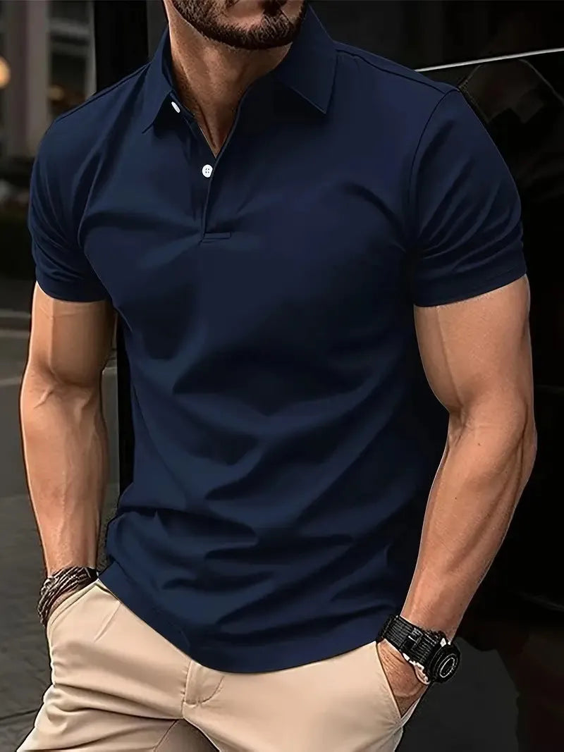 Men's solid colour slim fit short sleeve shirt on a hanger, showing the collar and button placket.
