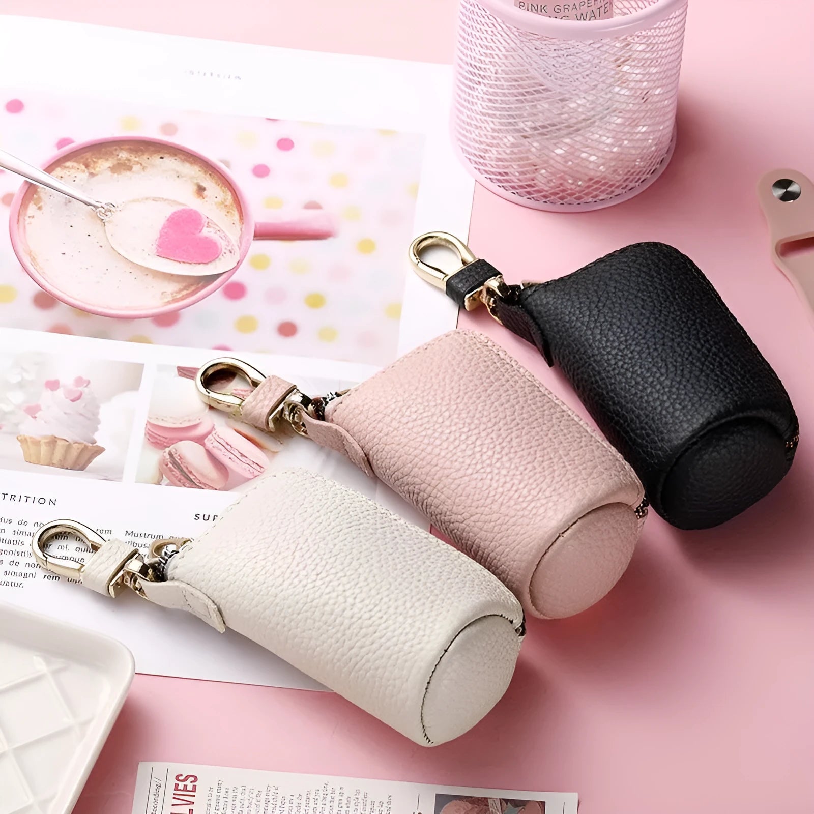 PU leather zipper key ring case in black, grey, and pink colours showing waterproof key organiser