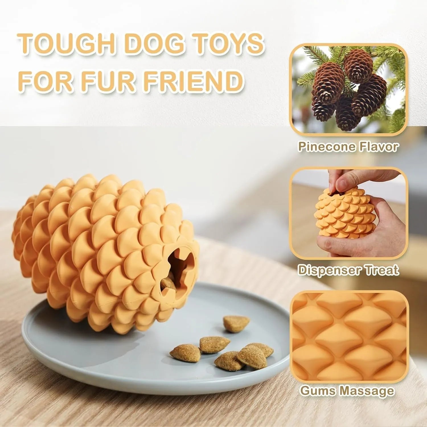 Pine cone shaped natural rubber dog toy for aggressive chewers with treat dispenser