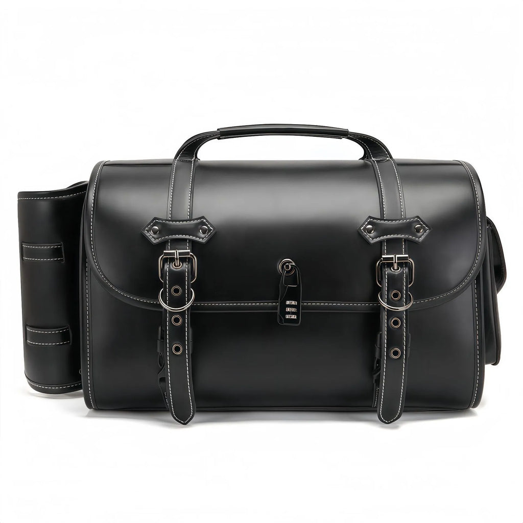 Dark punk motorcycle side bag with tail coded lock on cruiser motorcycle