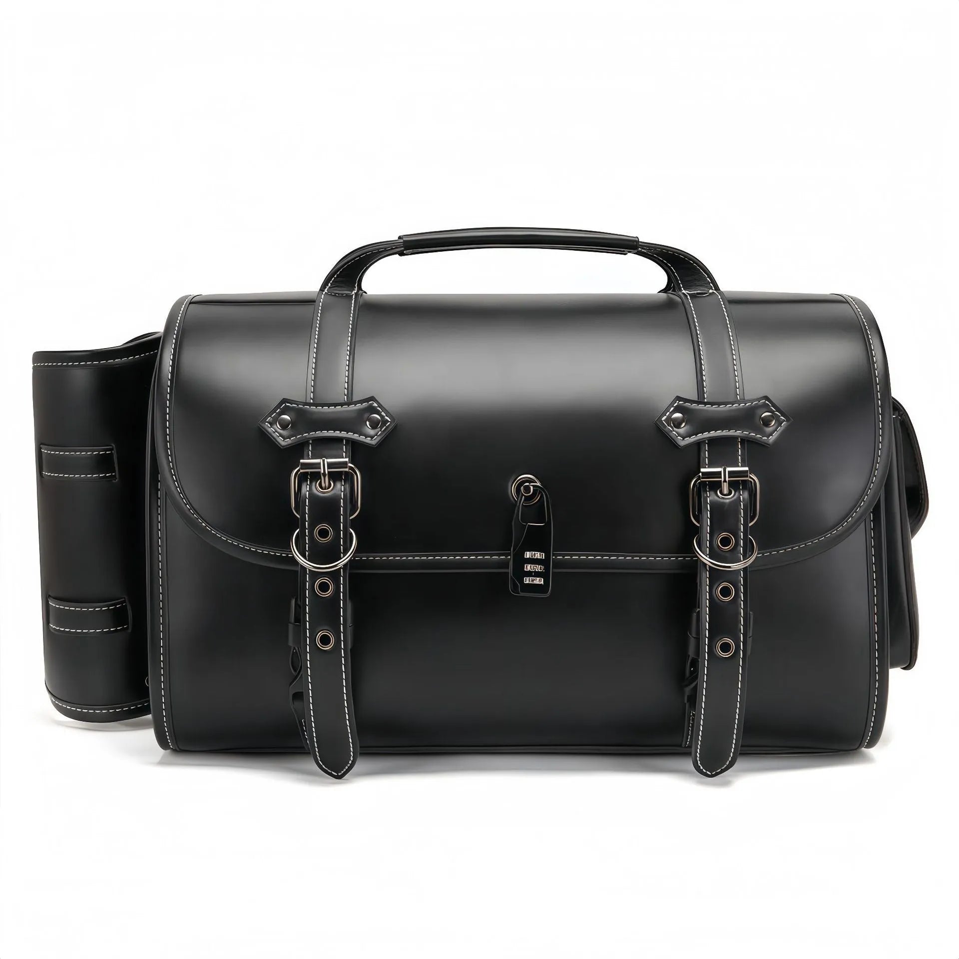 Dark punk motorcycle side bag with tail coded lock on cruiser motorcycle