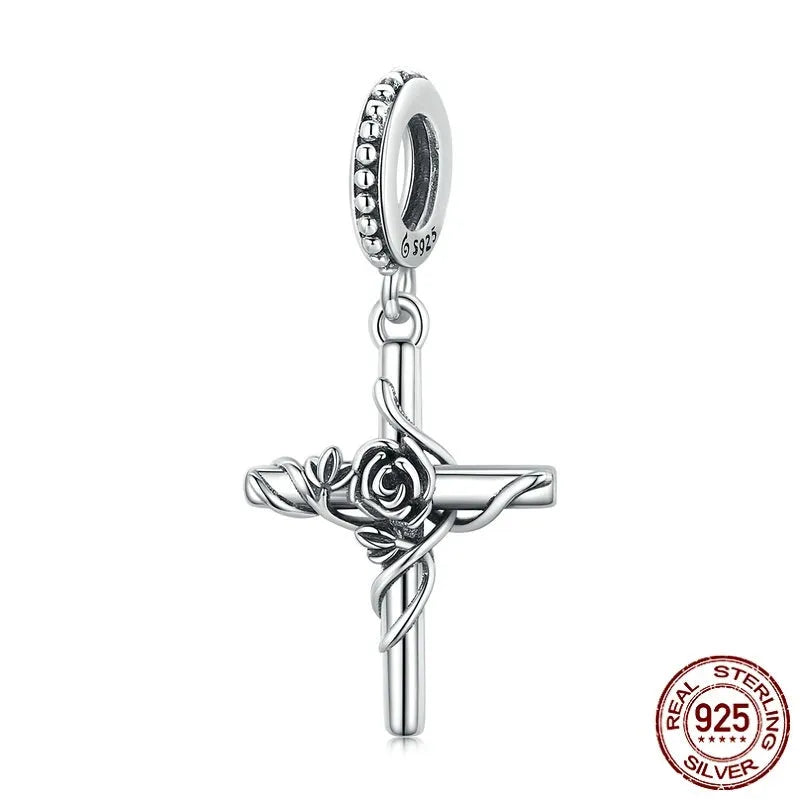 Rose cross pendant S925 silver vintage faith bead 1.3g 2.7x1.3cm electroplated