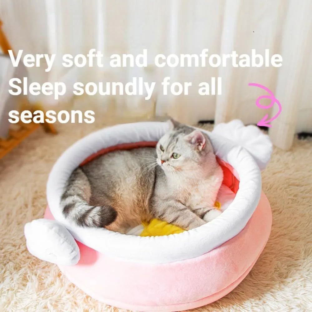 Pink honey pot shaped cat sofa bed with soft interior and a removable cushion for small pets.