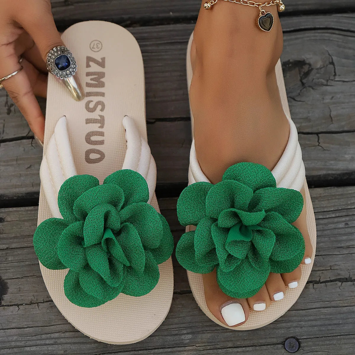 Plus size floral embroidery slippers in green, rose red and creamy-white colours with PU construction