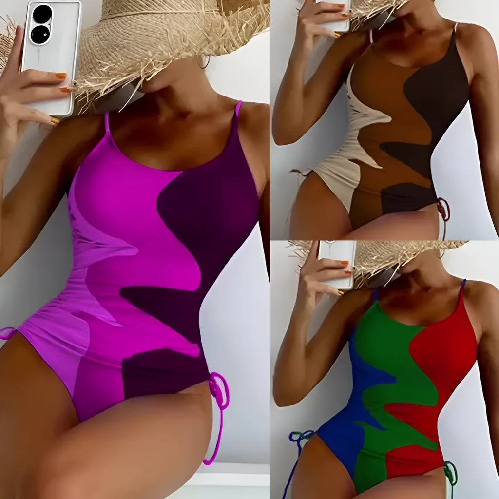 Women's blue one-piece swimsuit with sleeveless backless design and printed stripe pattern