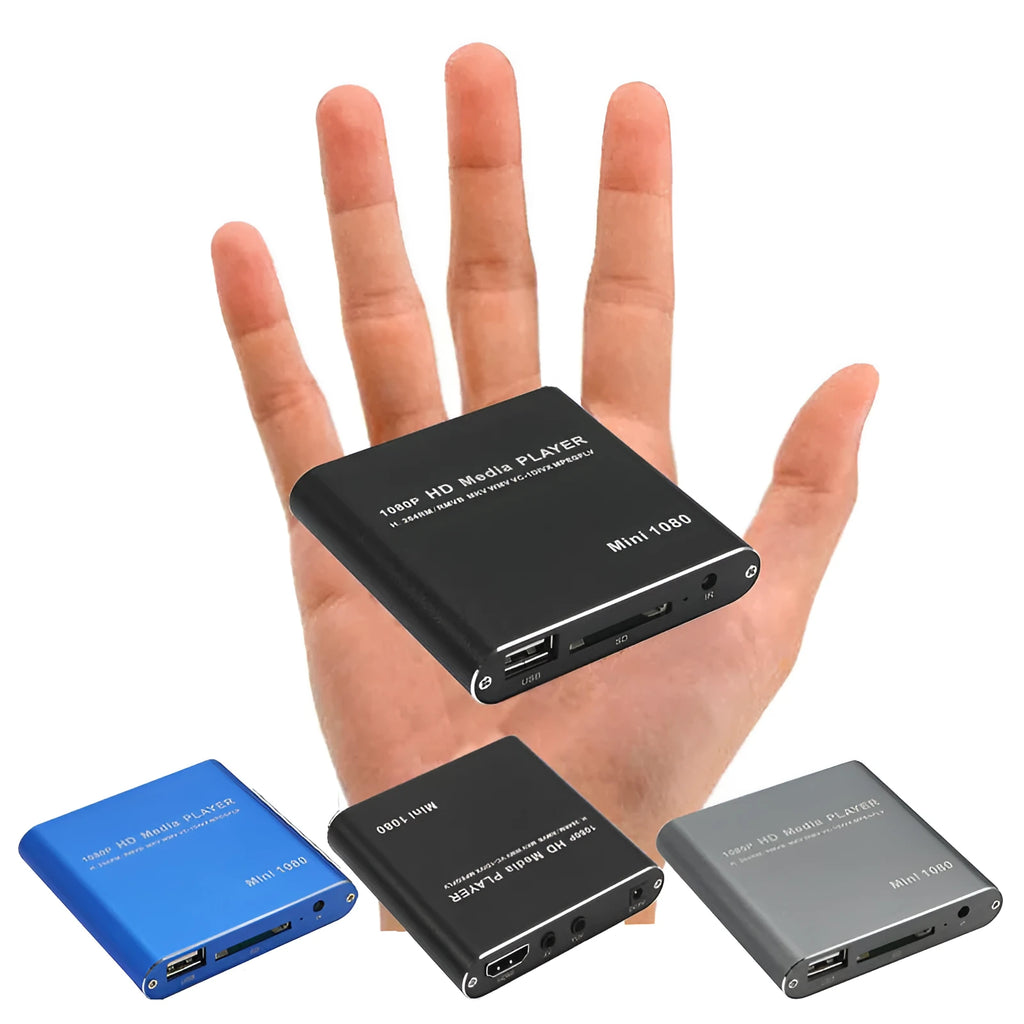 Compact black and blue all-metal 1080P Full HD media player with remote control