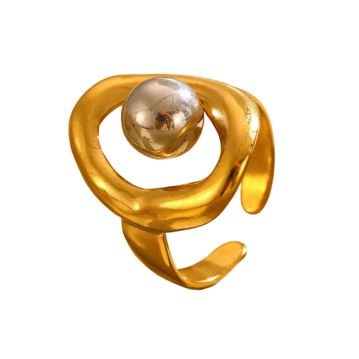 Stainless steel geometric open ring with 18K real gold finish and hollow line detail