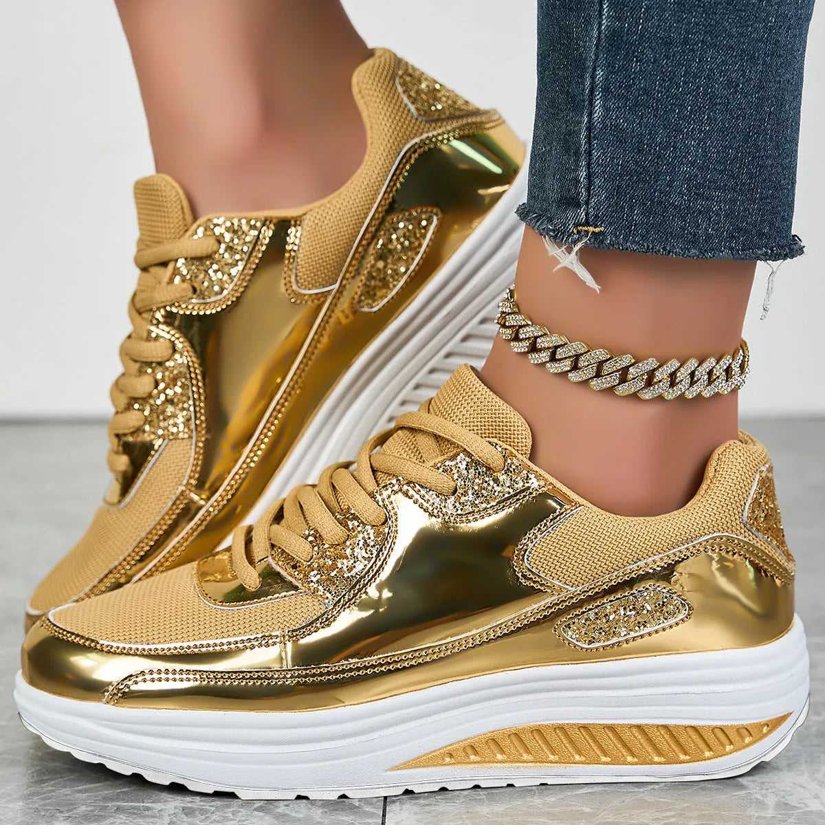 Women's outdoor travel leisure shoes with mesh upper round toe in gold colour