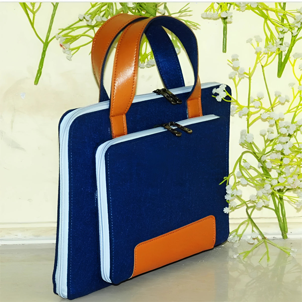 Colour-block felt laptop bag for 14-inch computer with pink zipper, Navy Blue and Dark Gray options, handheld style
