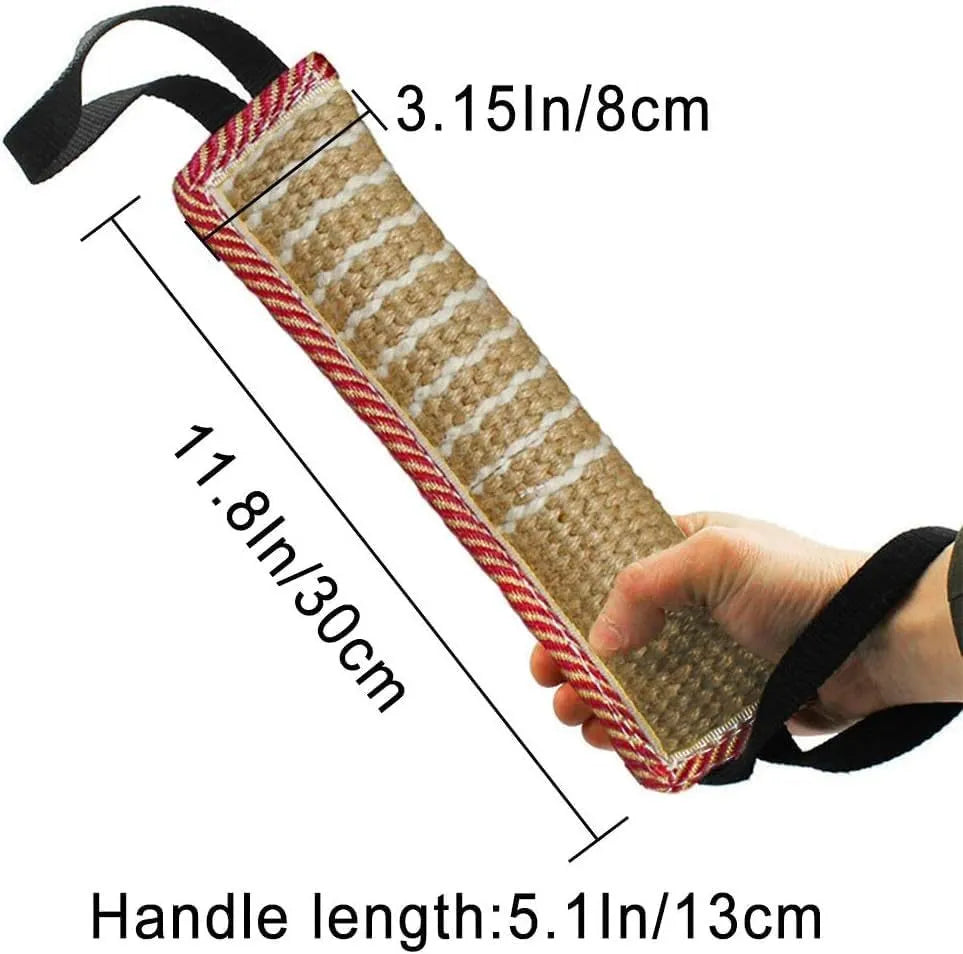 Beige jute dog tug toy with two fabric handles on a white background